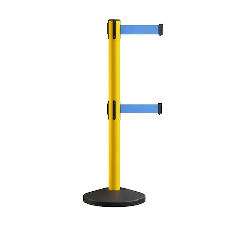 Montour Line Retractable Dbl Belt Rolling Stanchion, 2.5in YW Post  7.5'Lt Blu Belt ES400D-YW-LBL-75